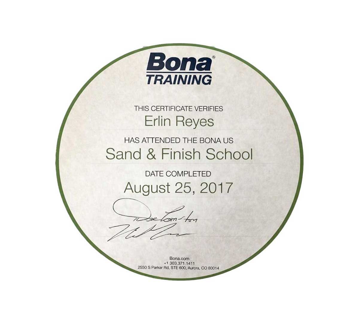 Bona Sand & Finish School training certificate for Erlin Reyes