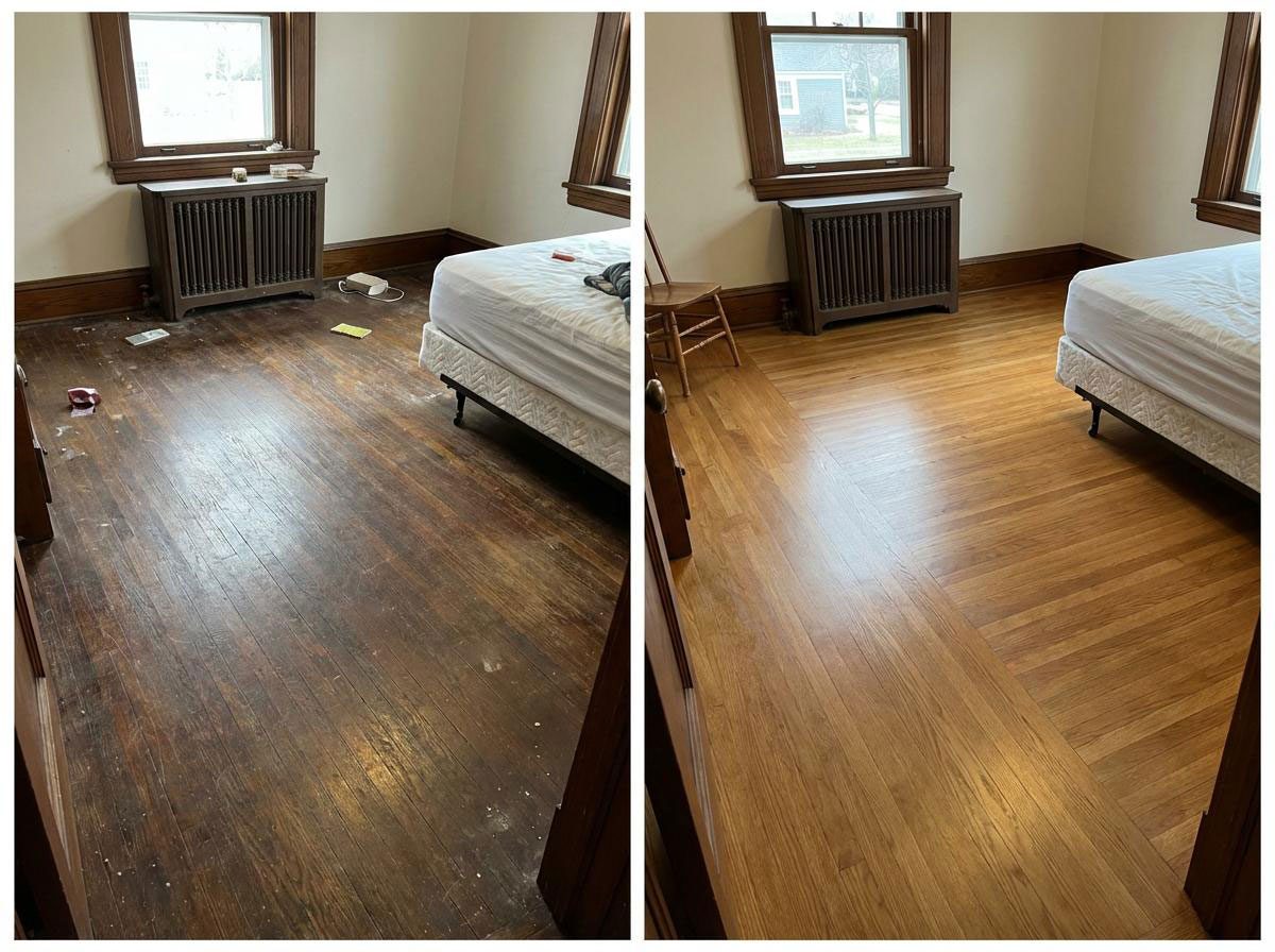 Before and after hardwood floor refinishing in a bedroom