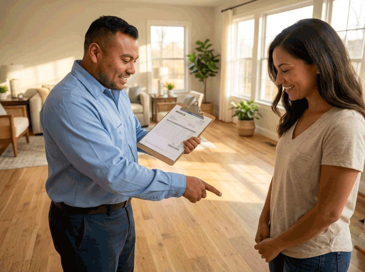 Contractor reviewing a hardwood floor refinishing estimate with a homeowner