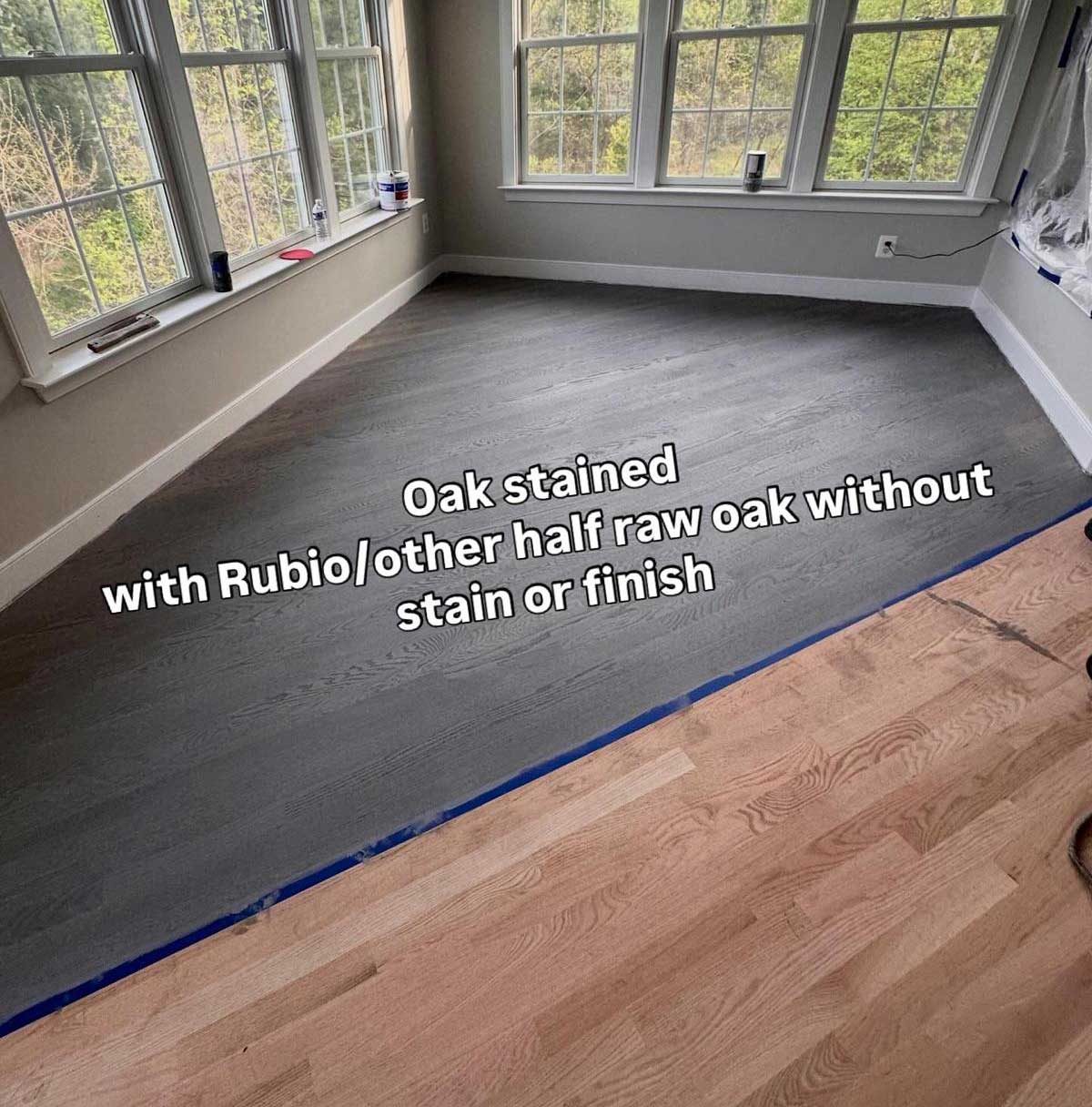 Oak floor sample stained with Rubio Monocoat next to raw oak
