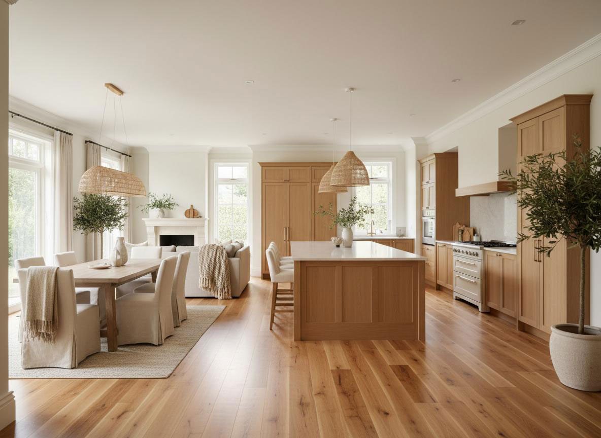 Open kitchen and dining area with warm hardwood floors