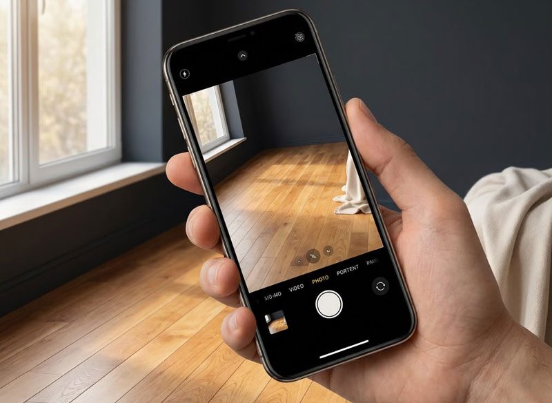 Taking a phone photo of hardwood floors to request a free estimate