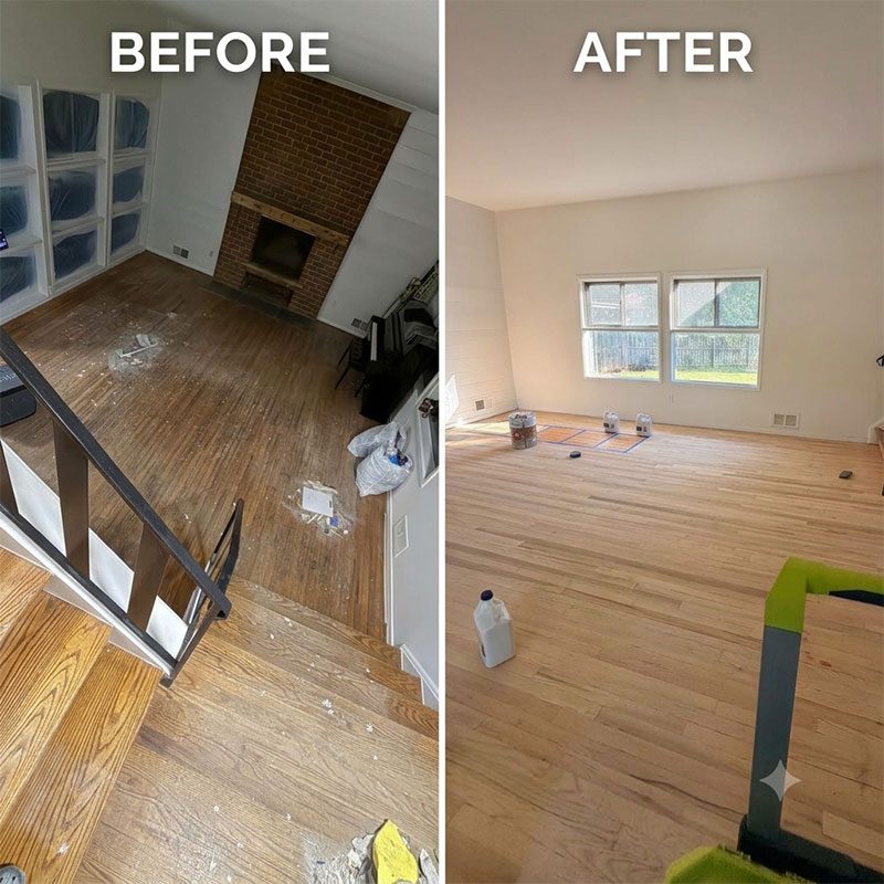 Before and after hardwood floor refinishing in Rockville, MD