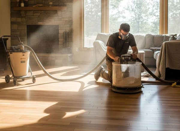 Technician using dustless sanding equipment in a living room